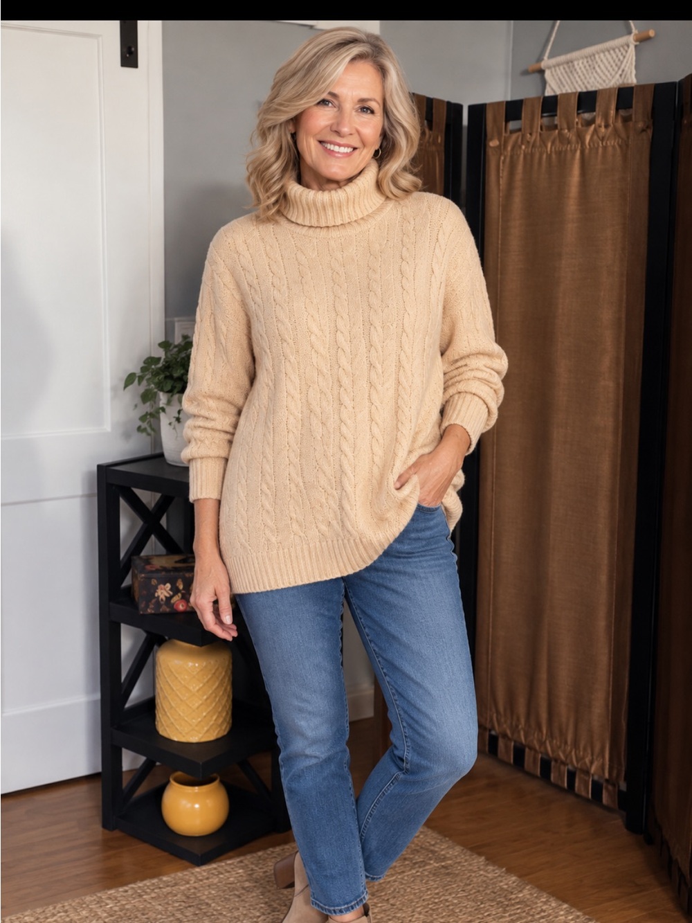 Classic Cable Knit Turtleneck Sweater - Cream